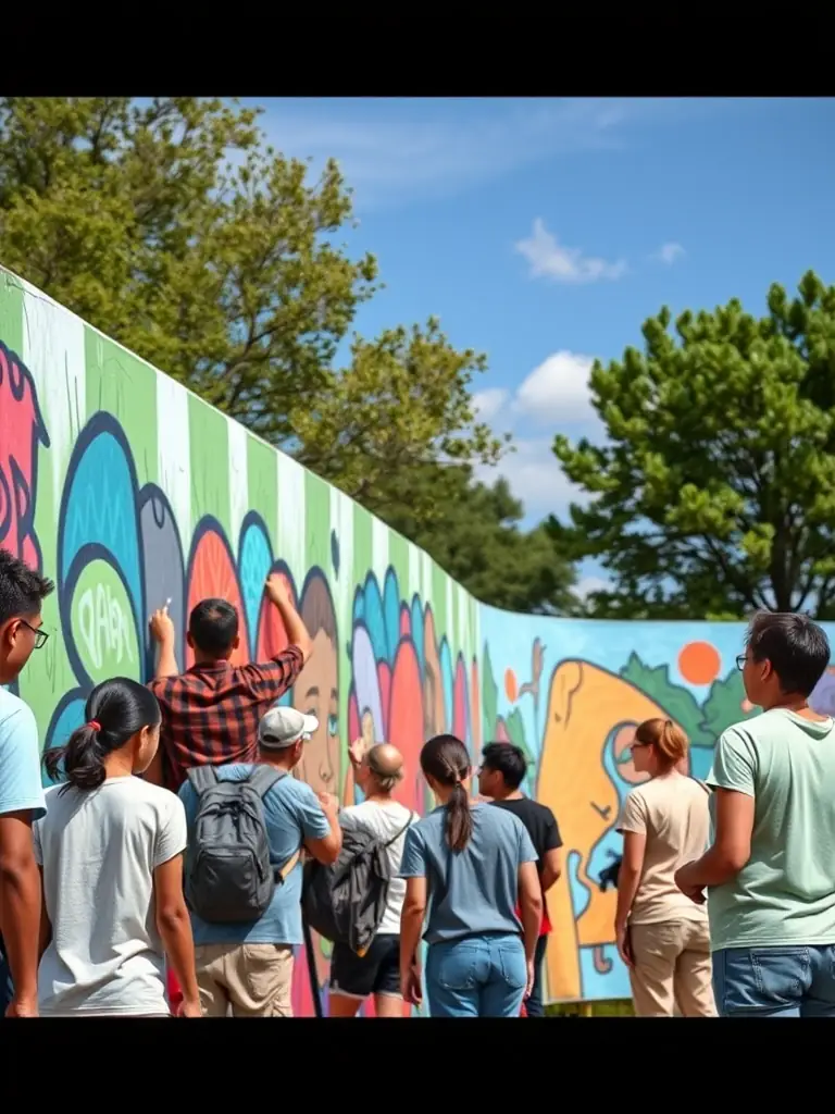 Artists and community members collaborating on a public art project, painting a mural on a building wall to beautify the neighborhood and promote community engagement.