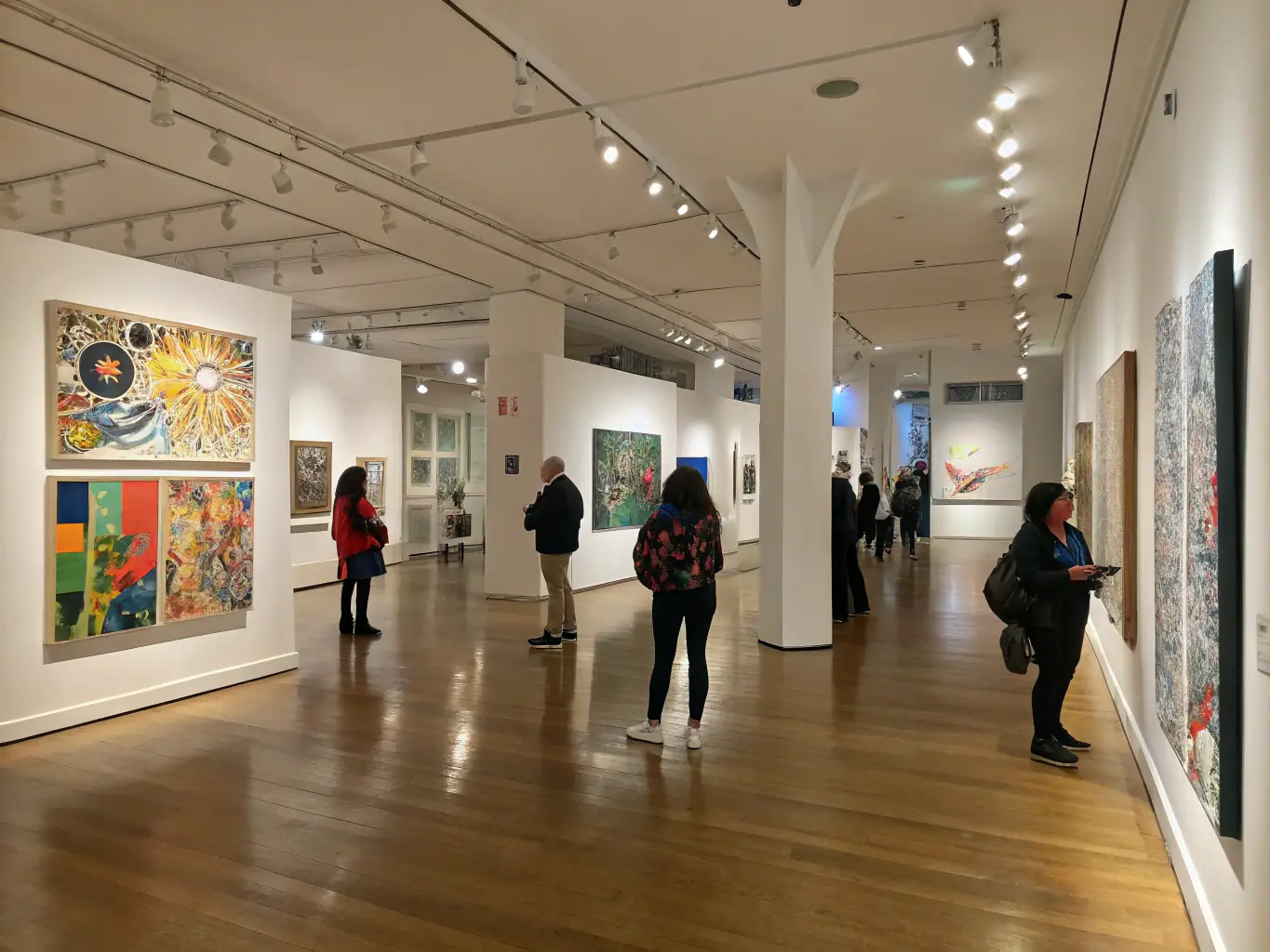 An image of a vibrant art gallery filled with diverse artworks and visitors engaging with the pieces, representing A TEMPERA DELL'ARTE's art exhibitions.