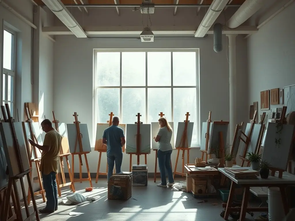 A photo of a workshop with participants actively engaged in creating or learning about art, showcasing A TEMPERA DELL'ARTE's educational programs.