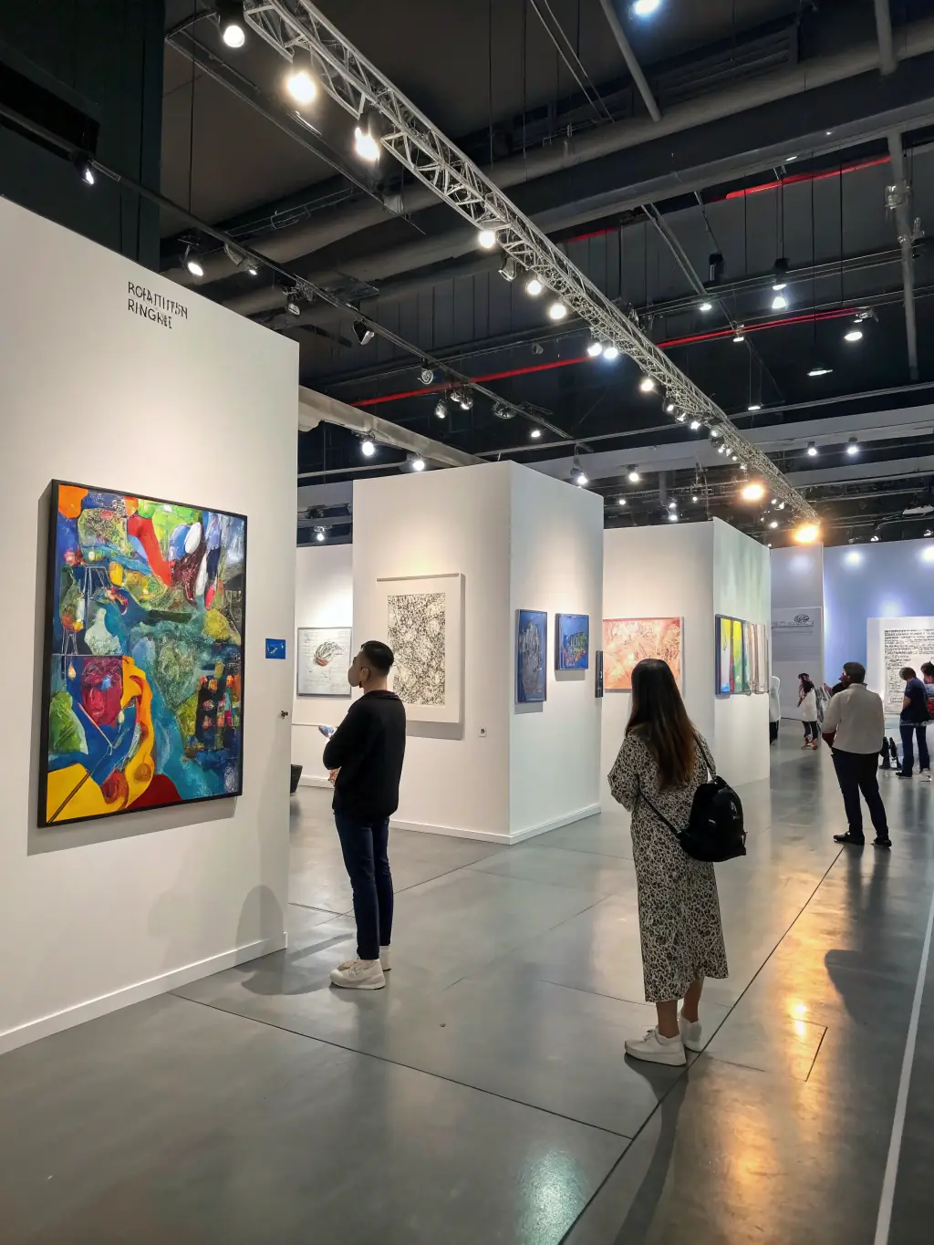 A vibrant art exhibition showcasing contemporary paintings and sculptures, with visitors admiring the diverse artworks in a well-lit gallery setting.