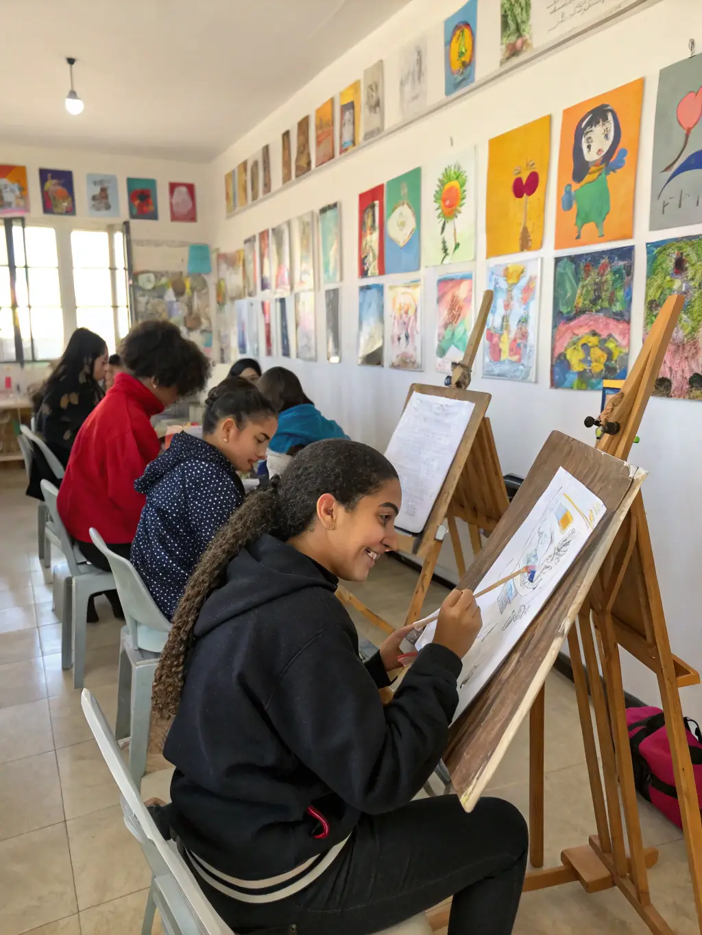 A group of students participating in an art workshop, learning about different painting techniques and creating their own masterpieces under the guidance of an instructor.