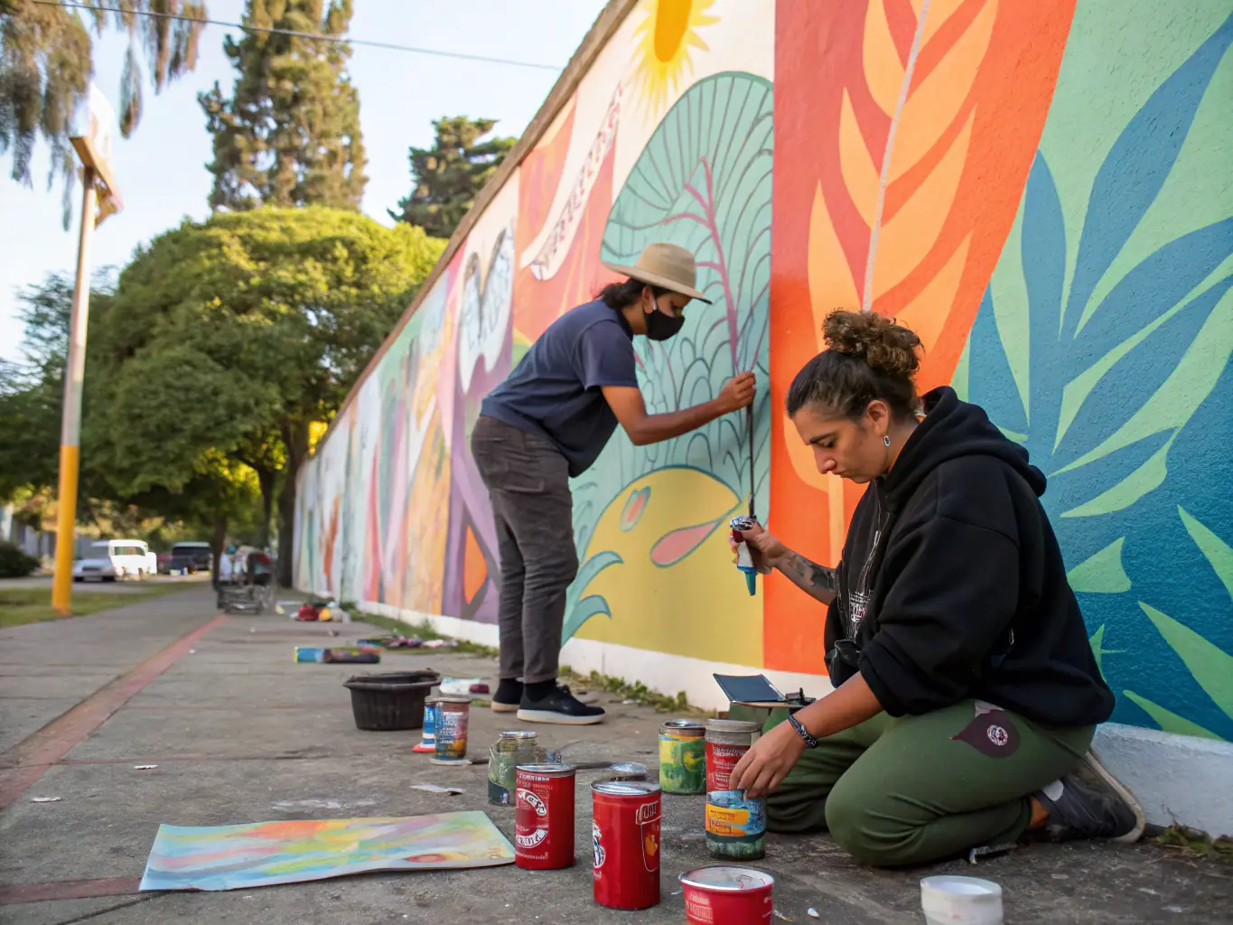 An image of artists working together on a collaborative mural or installation, illustrating A TEMPERA DELL'ARTE's collaborative projects.